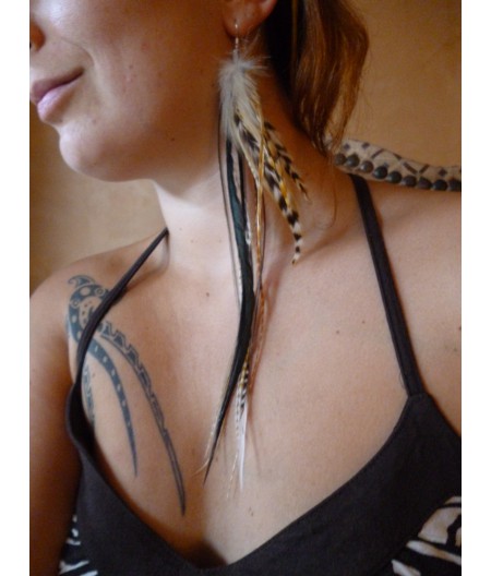 Boucle d'oreille 1 boucle EXTRA longues plumes naturelles et attache argent