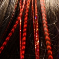 Plume rayée rouge et cheveux d'anges brillants